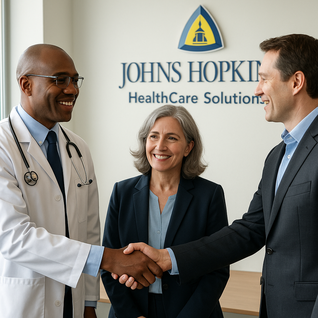Create a realistic image suggestive of a partnership between Johns Hopkins HealthCare Solutions healthcare leaders and brand leaders. (Do not add any text or labels to the image)